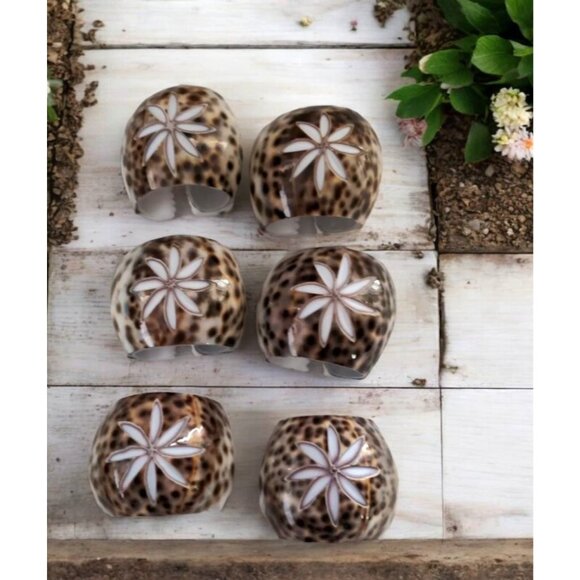 Unbranded Other - Sea Shell Napkin Rings TIGER COWRIE Hand Carved Spotted Set of 6